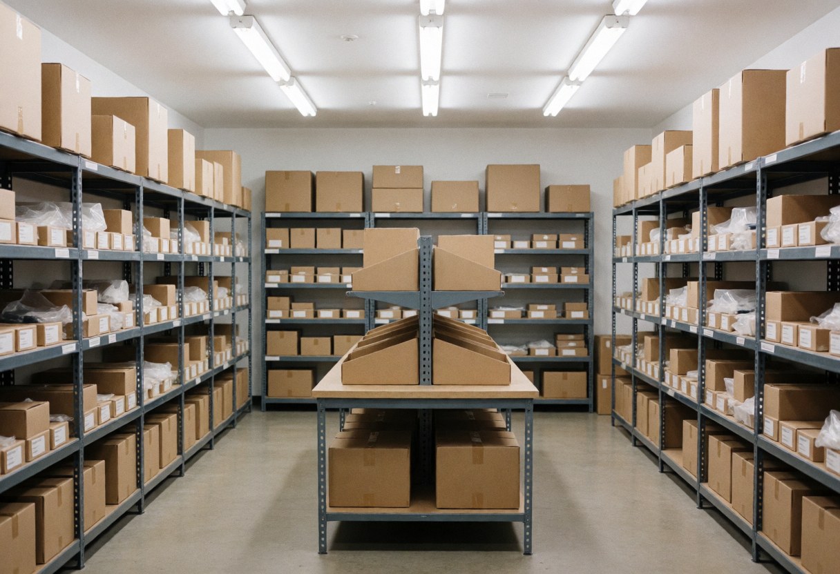 Metal shelving units filled with cardboard boxes in a well-lit online store warehouse ready for product shipping