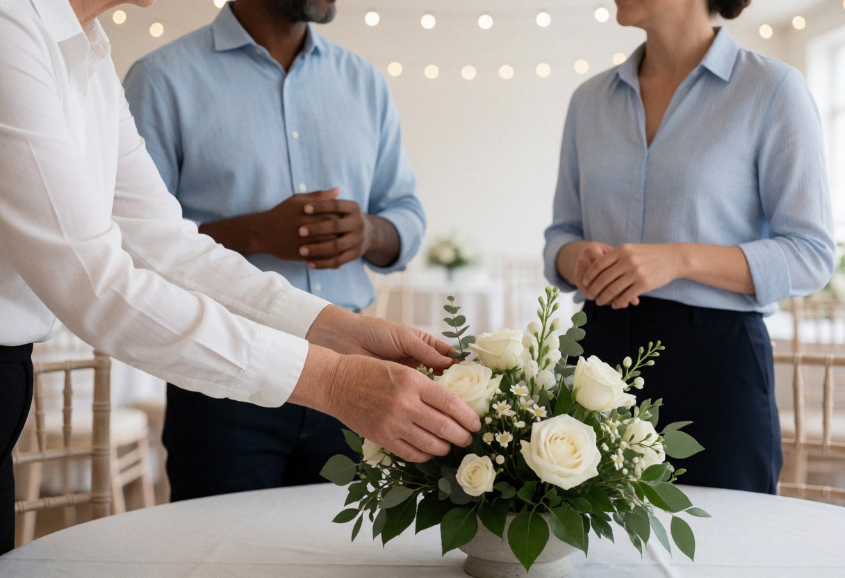 Hands of an event planner adjusting white rose centerpieces on a decorated reception table with string lights and chairs for a wedding