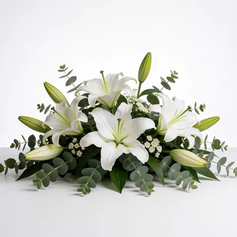 Close-up view of an elegant floral centerpiece featuring white lilies and green eucalyptus leaves arranged for a wedding or event product display