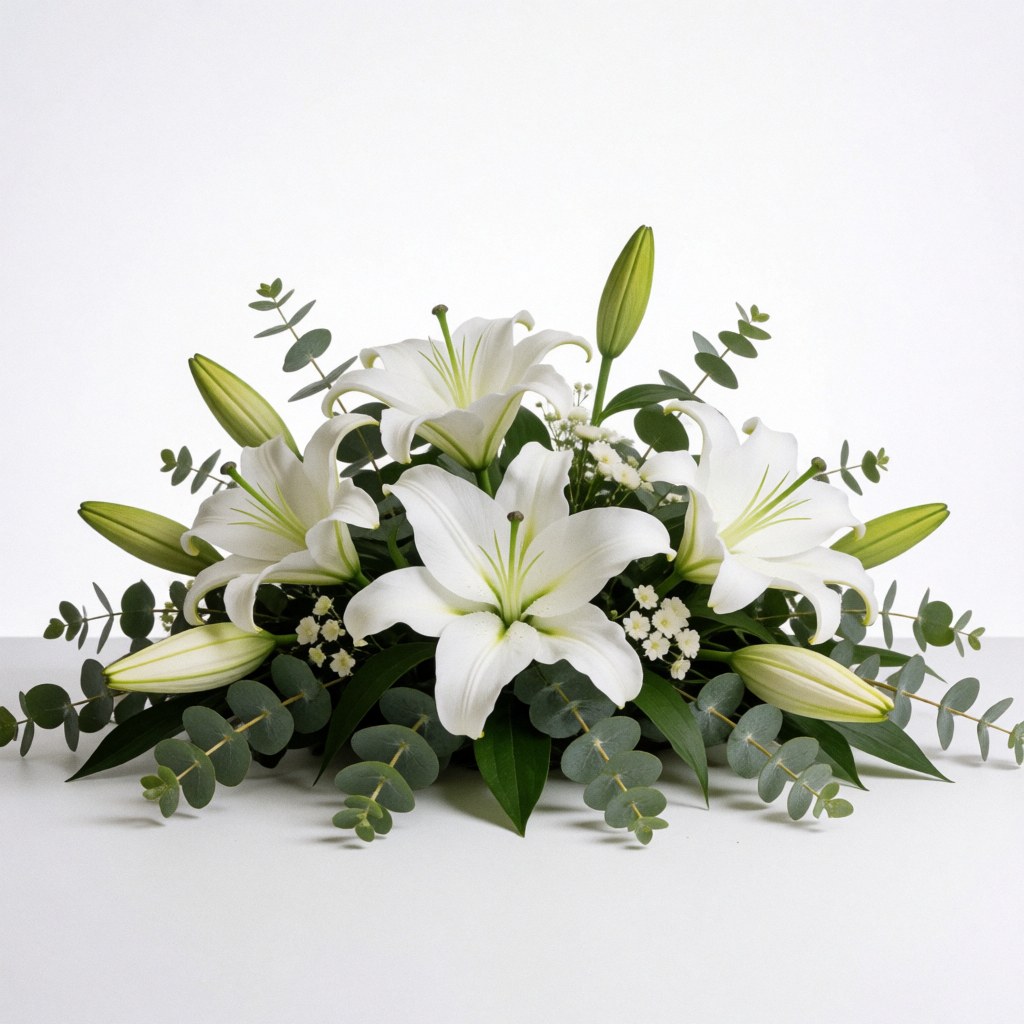 Close-up view of an elegant floral centerpiece featuring white lilies and green eucalyptus leaves arranged for a wedding or event product display