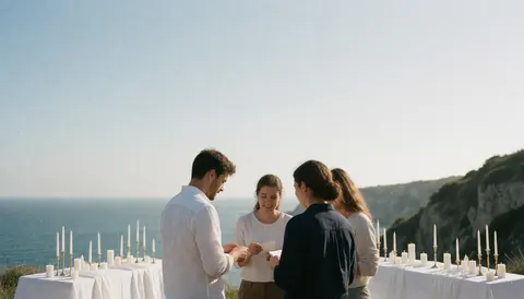 Elegant coastal wedding setup featuring a decorated table with candles overlooking the ocean, perfect for event planning and wedding inspiration.