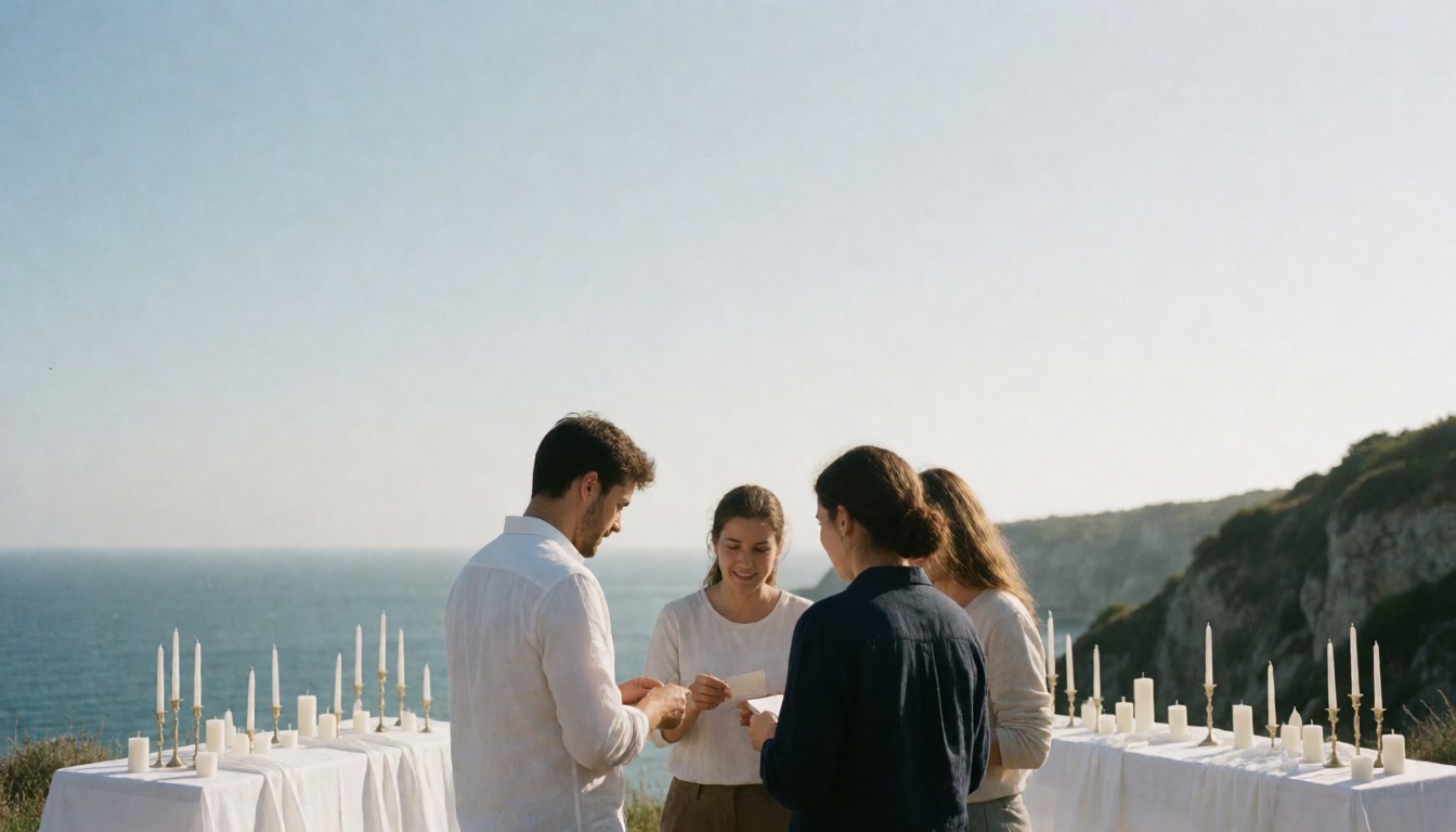 Elegant coastal wedding setup featuring a decorated table with candles overlooking the ocean, perfect for event planning and wedding inspiration.