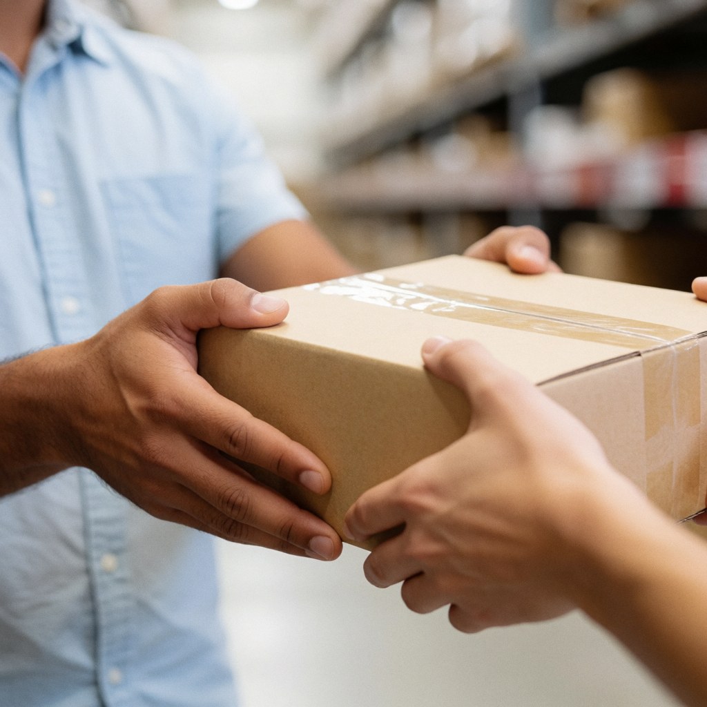 Seller and customer exchanging a sealed cardboard box in a clean warehouse, highlighting professional online store delivery service