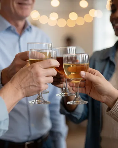 Close-up of hands holding wine glasses clinking together during a warm indoor party celebration with blurred background lights