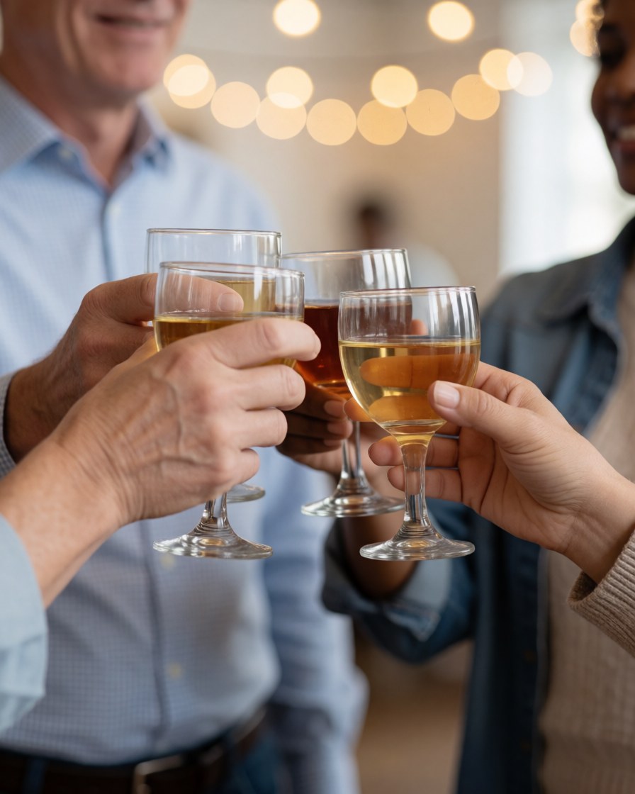 Close-up of hands holding wine glasses clinking together during a warm indoor party celebration with blurred background lights