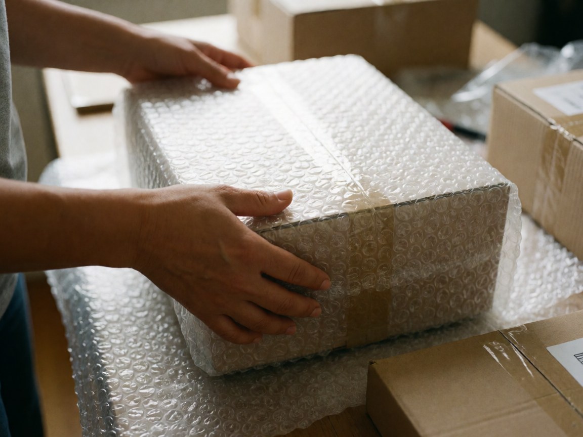 Hands wrapping a cardboard box in bubble wrap on a packing table with other packages nearby for online store shipping
