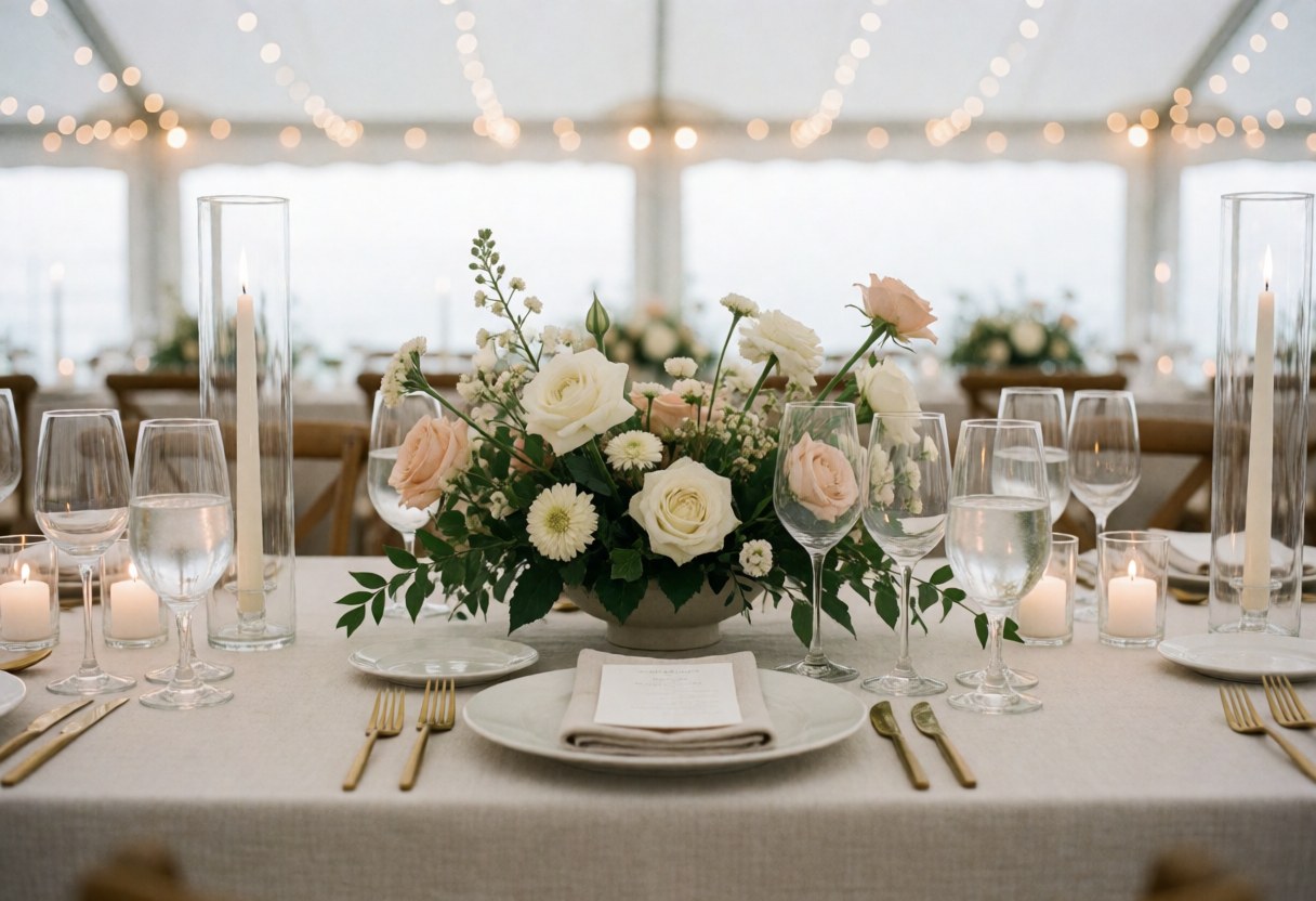 Reception table with white tablecloth, gold dinnerware, glasses, candles, and a floral centerpiece of white and pink roses under soft professional lighting