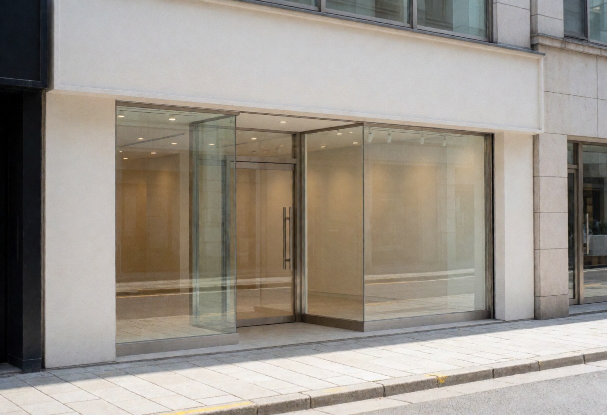 Clean modern real estate building facade featuring large glass windows and doors reflecting the urban street and natural daylight
