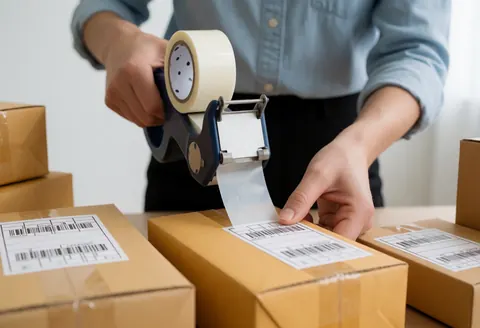 Close-up view of cardboard packages being sealed with adhesive tape and labeled for shipping in an online store fulfillment center