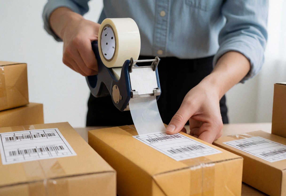 Close-up view of cardboard packages being sealed with adhesive tape and labeled for shipping in an online store fulfillment center