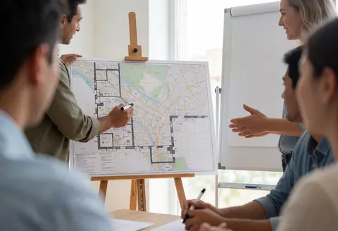 Team members reviewing an event map on an easel during a professional planning meeting for weddings and events.