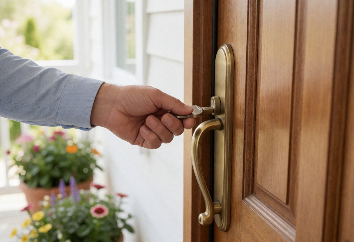 A close-up view of a hand turning a bronze door handle to open the entrance of a modern house with potted plants nearby