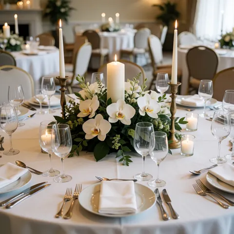 White orchid centerpiece with lit candles, glassware, and white dinnerware on a white tablecloth in a softly lit reception hall