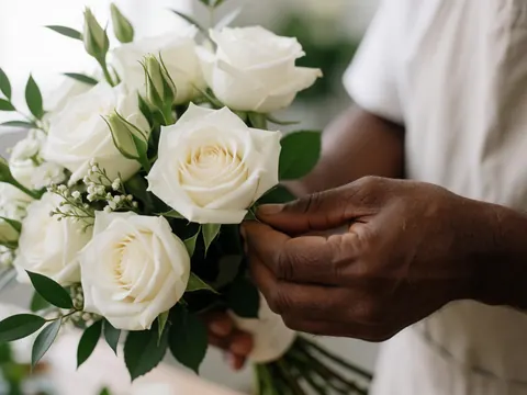 Close-up of skilled hands carefully arranging a bouquet of white and green flowers for a wedding or event