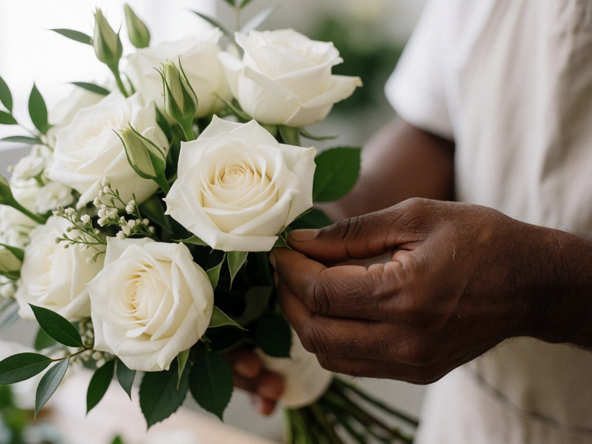 Close-up of skilled hands carefully arranging a bouquet of white and green flowers for a wedding or event
