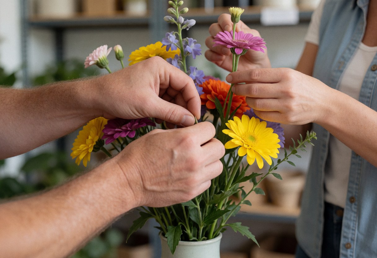 Close-up of hands carefully arranging colorful flowers in a vase during a florist service in action at a workshop