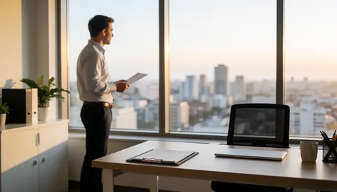 A man stands in a real estate office looking out a large window at the city, with a clean desk, laptop, and warm sunset light.