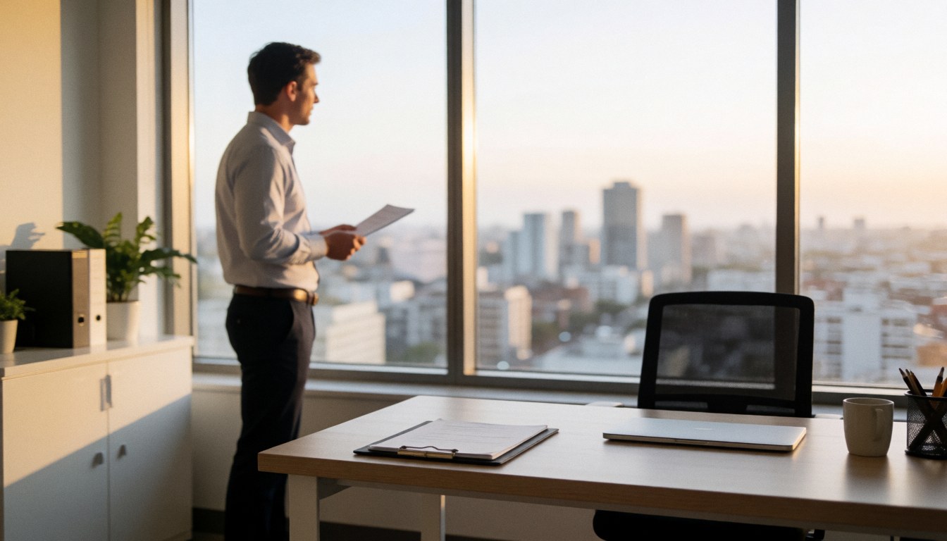 A man stands in a real estate office looking out a large window at the city, with a clean desk, laptop, and warm sunset light.