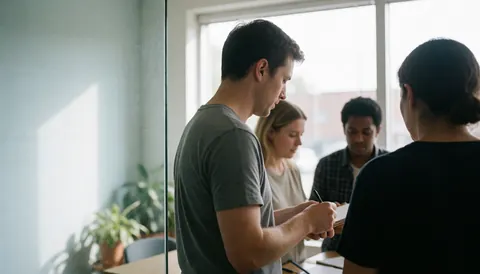 A diverse group of professionals having a team meeting in a bright modern office with natural light, plants, and glass walls