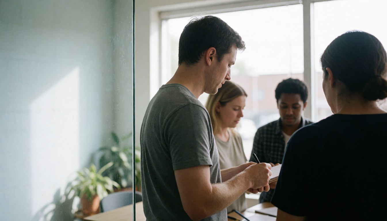 A diverse group of professionals having a team meeting in a bright modern office with natural light, plants, and glass walls