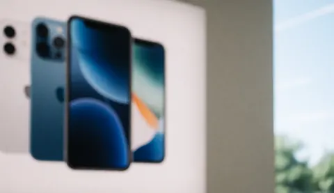 Abstract blue and white background featuring blurred smartphones in a store setting, providing ample copy space on the right side for digital and technology content.