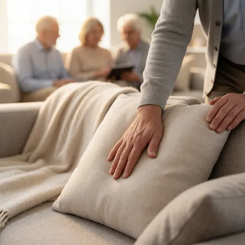 An adult hand exploring the texture of a neutral-toned sofa cushion with a blurred background featuring a tablecloth and other pillows in warm soft light.