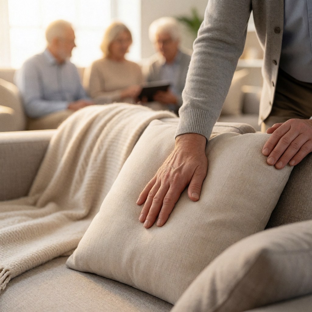 An adult hand exploring the texture of a neutral-toned sofa cushion with a blurred background featuring a tablecloth and other pillows in warm soft light.