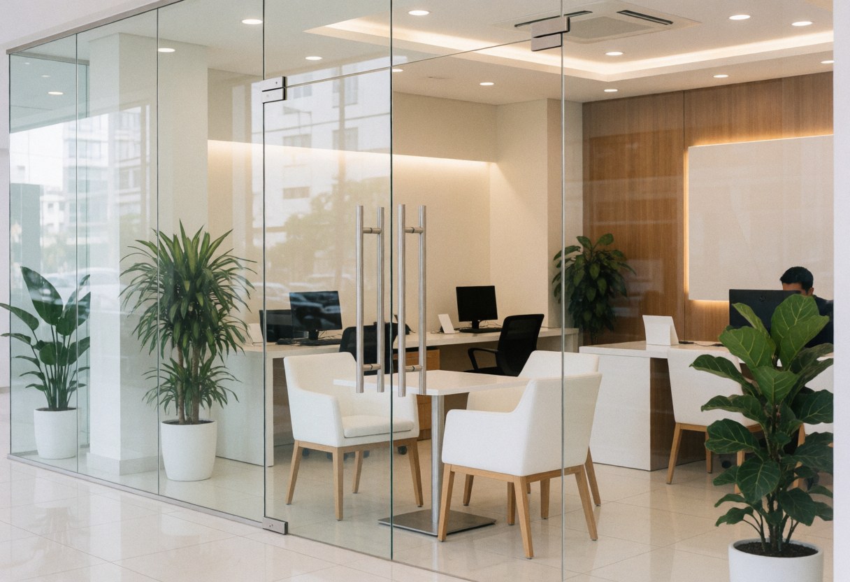 Clean modern banking interior featuring glass walls, white chairs, tables, and green plants for a professional financial environment