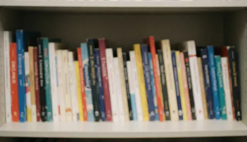 White bookshelf filled with colorful books, ideal background for online course text, study and learning atmosphere
