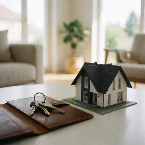 A set of house keys placed on a leather folder next to a model home interior featuring furniture, plants, and natural light from windows