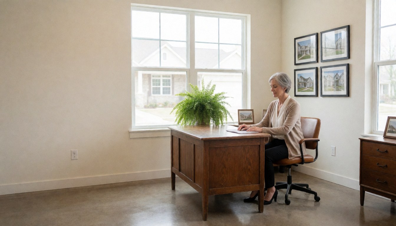 A professional real estate agent working at a wooden desk in a bright office with plants and large windows