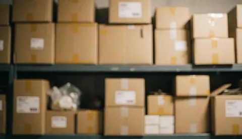 Stacked cardboard boxes on warehouse shelves with warm lighting and soft depth of field, serving as a neutral background for online store text.