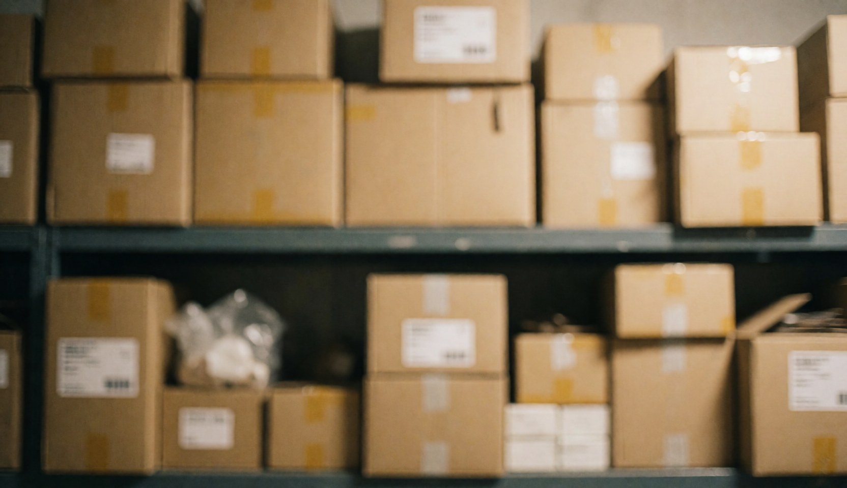 Stacked cardboard boxes on warehouse shelves with warm lighting and soft depth of field, serving as a neutral background for online store text.