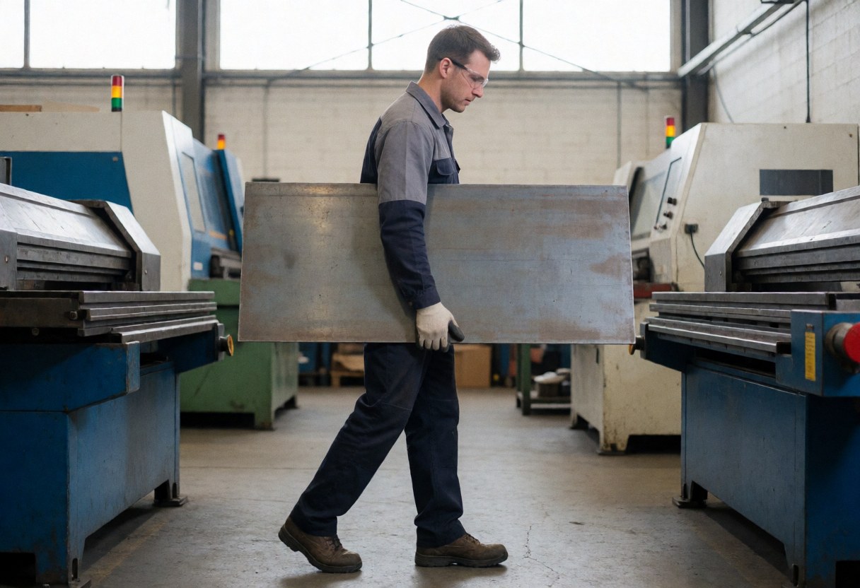 A factory worker wearing safety gear handles large metal panels in an industrial manufacturing facility, showcasing material handling processes in a production environment.