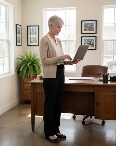 Female real estate professional reviewing documents on a laptop at a wooden desk in a cream-walled office with a window and green plant