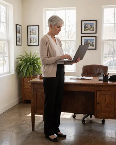 Female real estate professional reviewing documents on a laptop at a wooden desk in a cream-walled office with a window and green plant