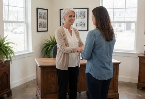A smiling real estate professional assists a client at a wooden desk in a bright office with plants and property photos on the wall.