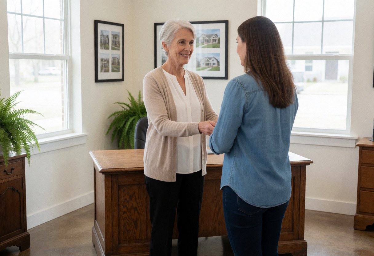 A smiling real estate professional assists a client at a wooden desk in a bright office with plants and property photos on the wall.