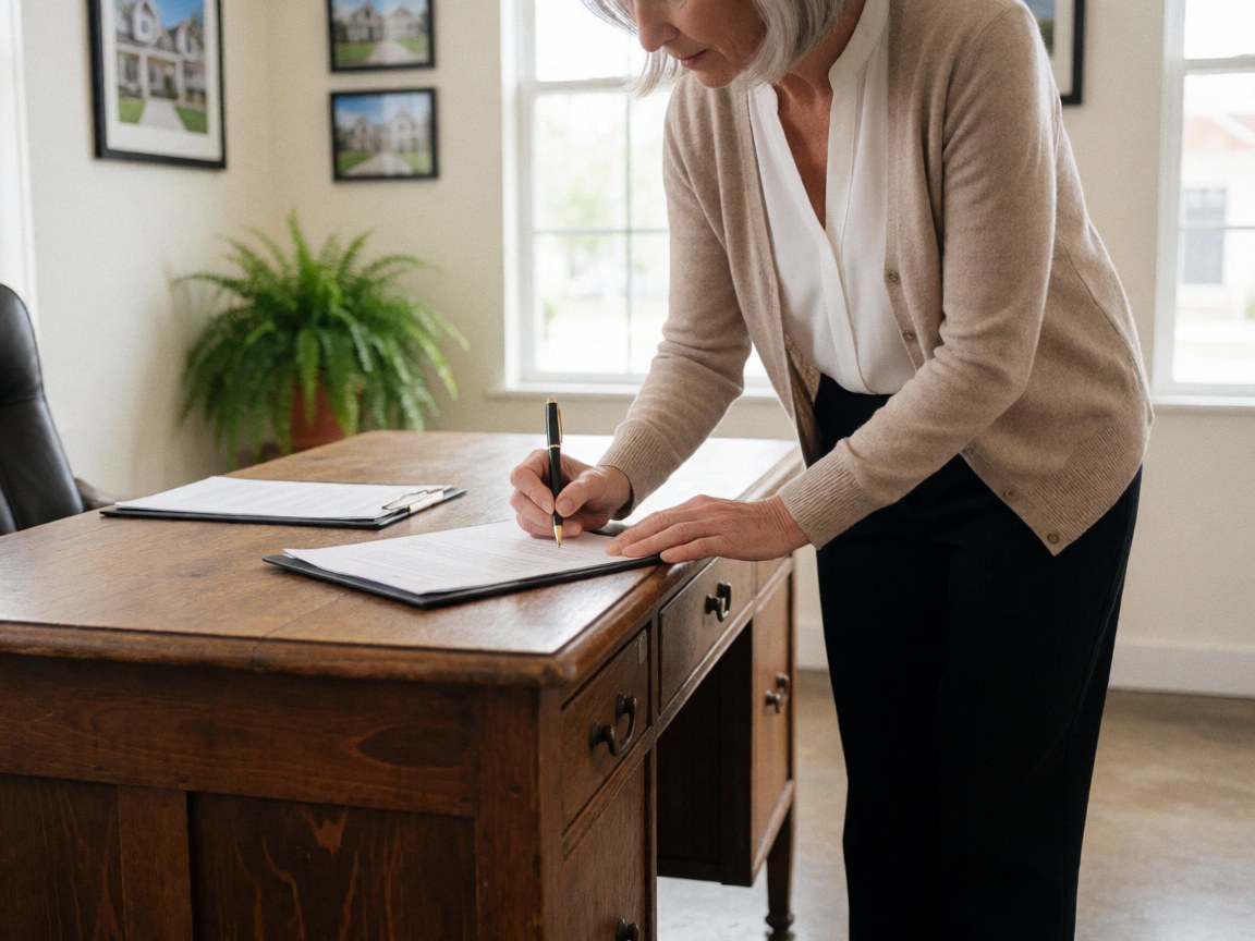 A woman signs a property contract at a wooden desk in an office with windows and real estate photos on the wall