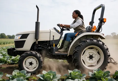 A woman in work clothes drives a small tractor through a vegetable field, kicking up dust under natural light.