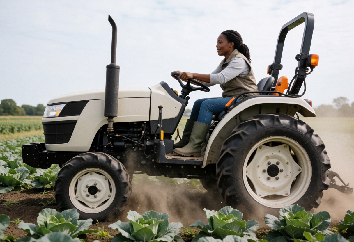 A woman in work clothes drives a small tractor through a vegetable field, kicking up dust under natural light.
