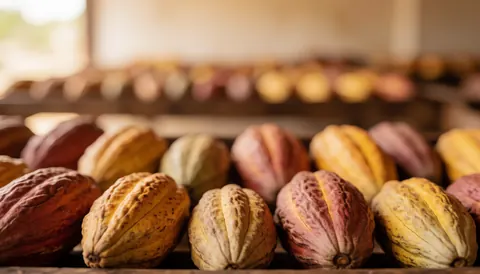 Rows of cocoa beans drying on wooden racks with warm natural tones and a blurred background, ideal for coffee and cacao business themes