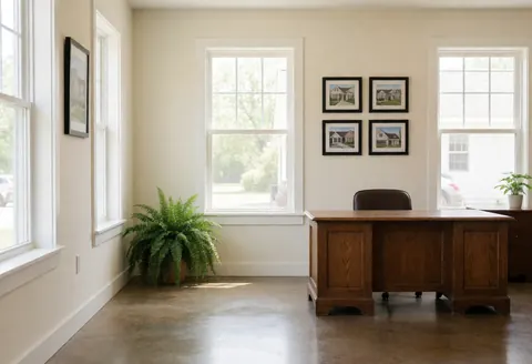 A vintage wooden desk in a bright real estate office with large windows, a green plant, and property photos on the wall.