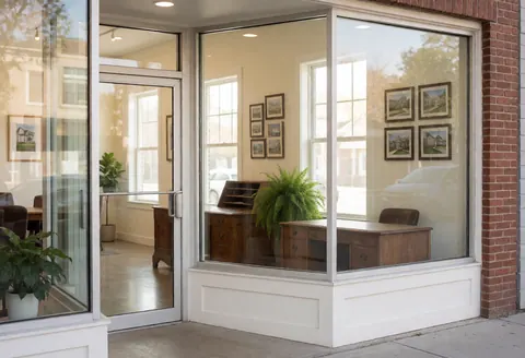 Clean modern real estate office entrance featuring large glass windows, a wooden desk, and neutral tones with natural light
