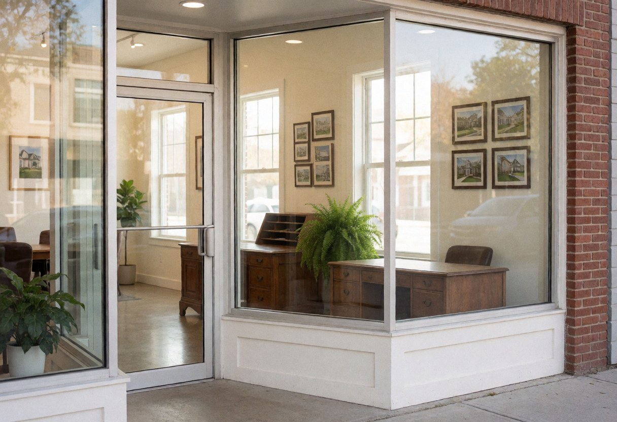 Clean modern real estate office entrance featuring large glass windows, a wooden desk, and neutral tones with natural light