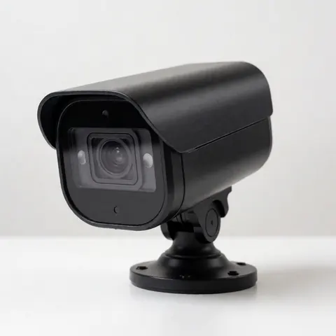 Modern black security camera isolated on white background, ideal for business security, surveillance technology, offices, retail, industry, warehouse, home, and residential use.