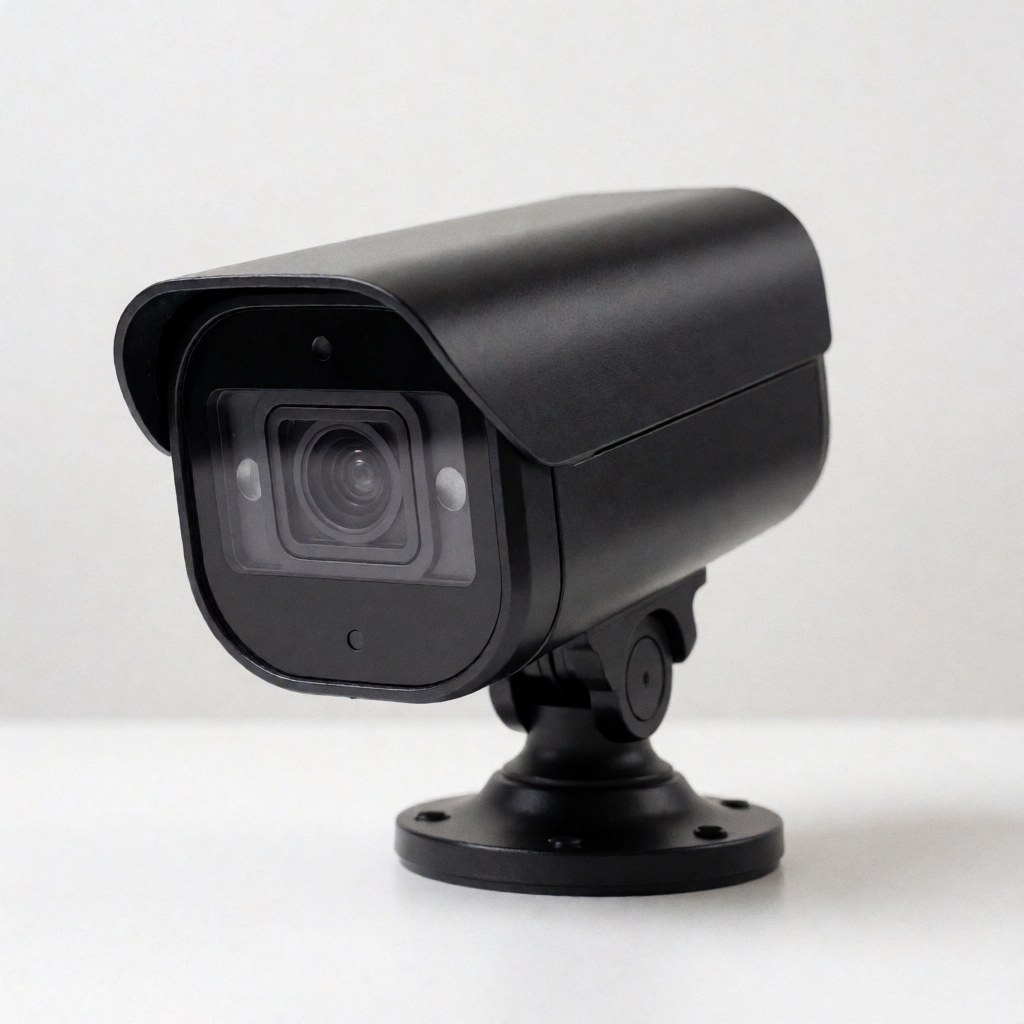Modern black security camera isolated on white background, ideal for business security, surveillance technology, offices, retail, industry, warehouse, home, and residential use.