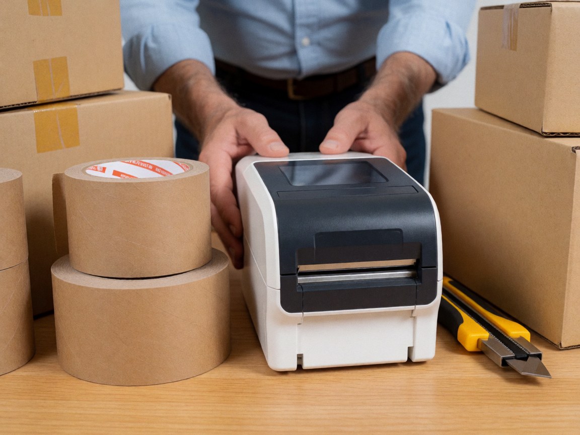 Shipping supplies including a label printer, tape, boxes, and cutter arranged on a wooden table for an online store.