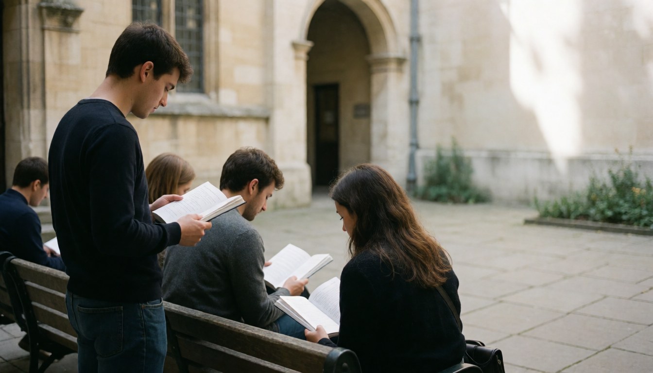 Adult students sitting on stone benches in a university plaza, reading books and studying under an archway with cloudy sky