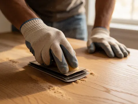 A detailed view of hands wearing gloves sanding a light oak wooden table surface near a window with natural light